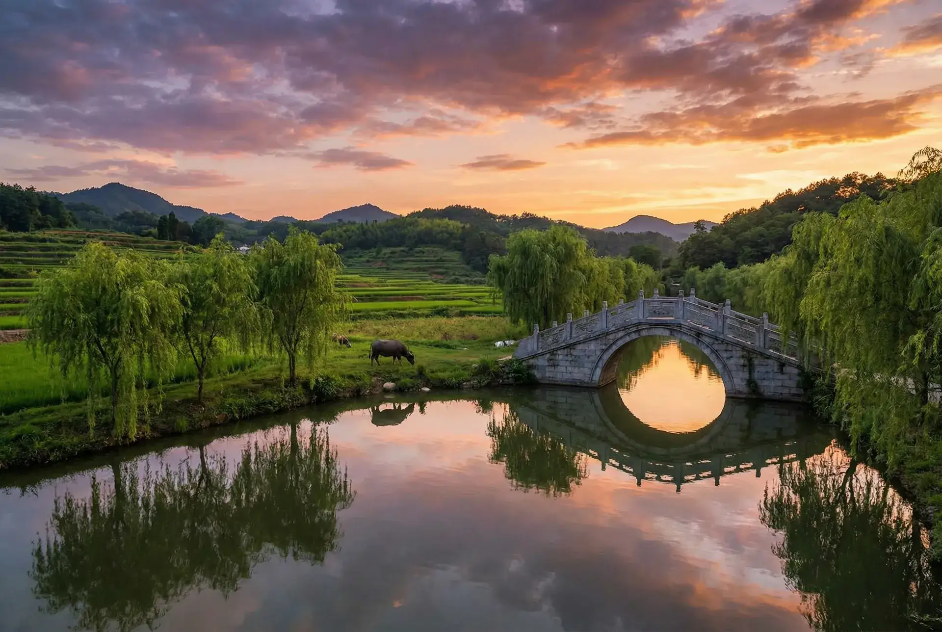 夕阳下的石拱桥与垂柳，水牛在河边吃草 - 永久不收费的视频软件APP 乡村美景